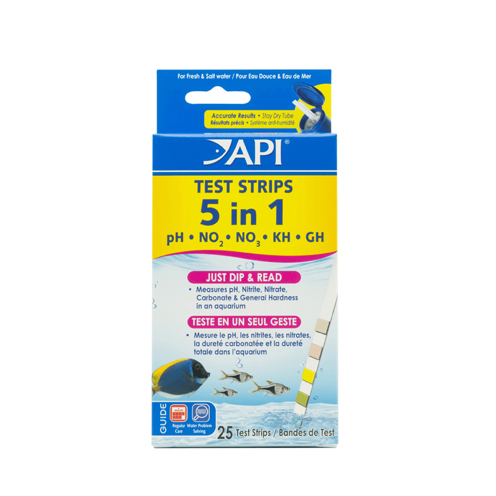 Bandelettes de test pour aquarium API 5-in-1, boîte de 25 pour pH, dureté, nitrites et nitrates