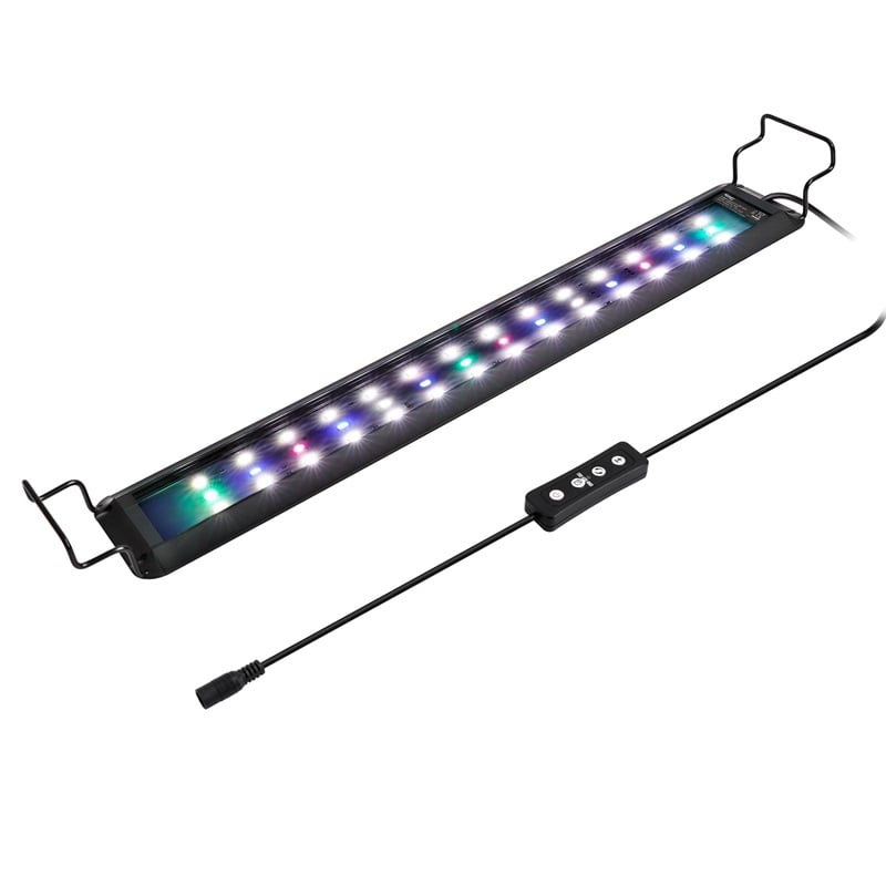 Rampe LED plein spectre pour aquarium Hygger Advanced avec contrôleur filaire au-dessus d'un aquarium planté