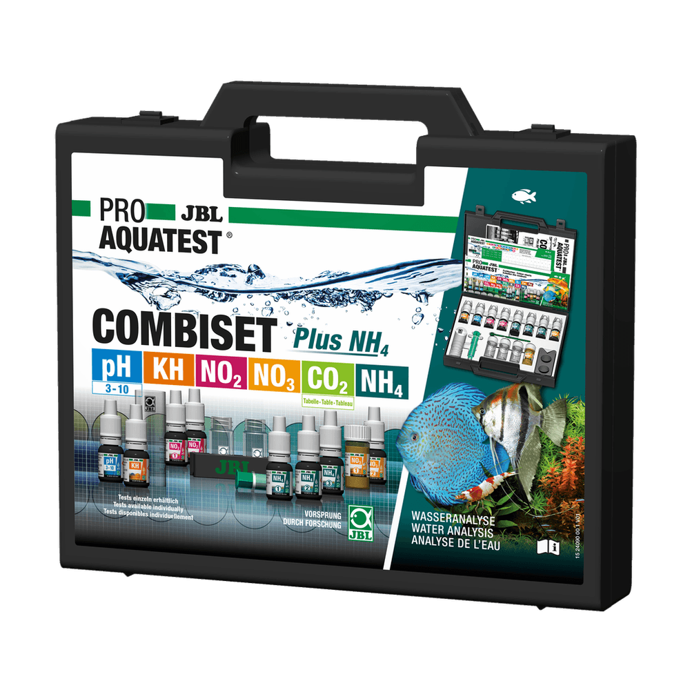 Coffret de test liquide de l'eau d'aquarium JBL ProAquaTest Combi Set Plus NH4 avec réactifs et cuvettes